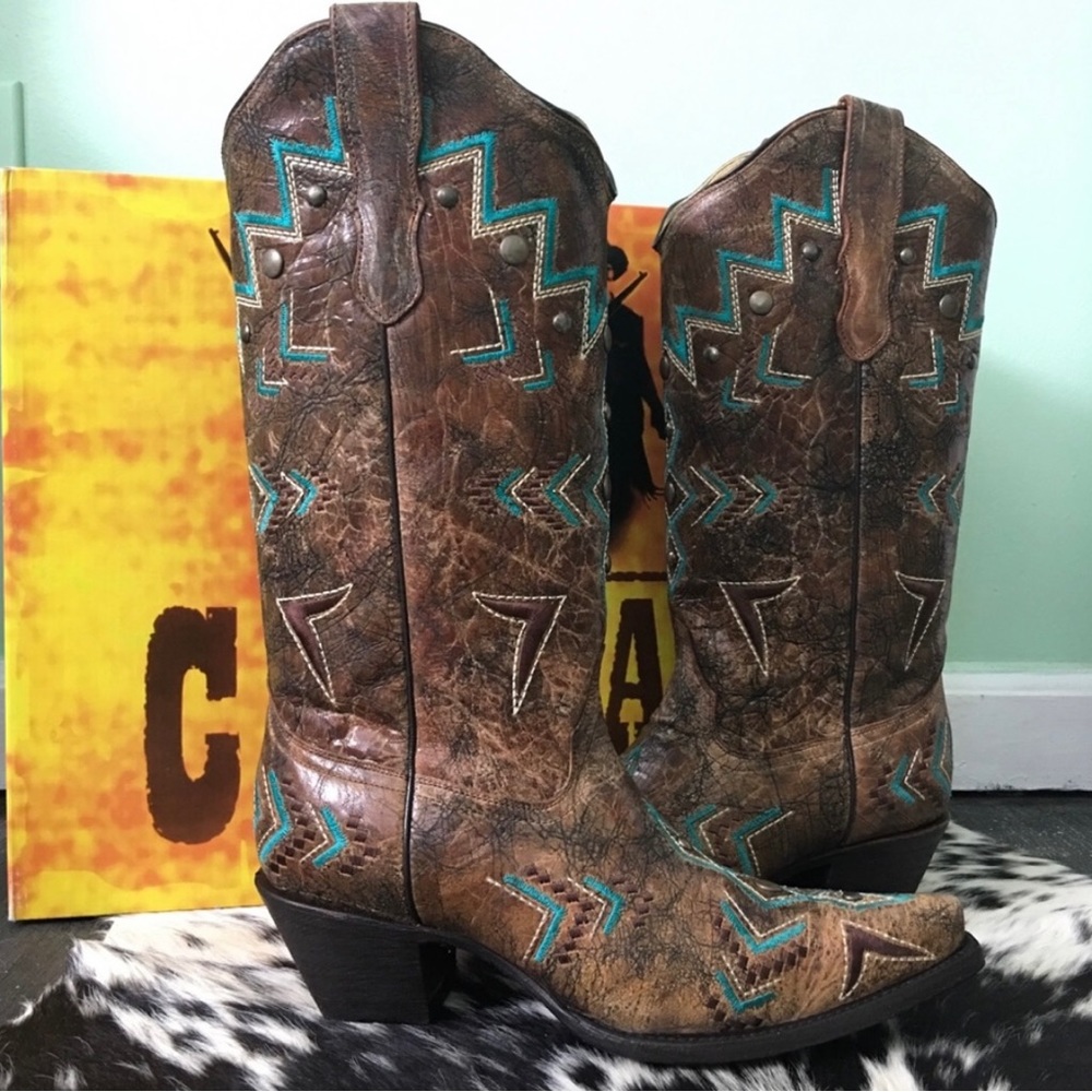 🆕 Corral E1014 Bronze Turquoise Cowboy Boots 10M